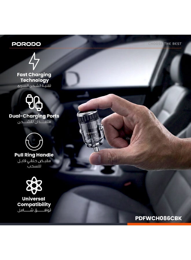 porodo Dual Port Transparent Car Charger with Pull Ring Handle & USB-C to USB-C Cable / PD 36W/ QC 18W/ USB-A & USB-C Ports/Fast Charging/ Sleek & compact Flush-Fit Design/Universal Compatibility - Black - Image 2